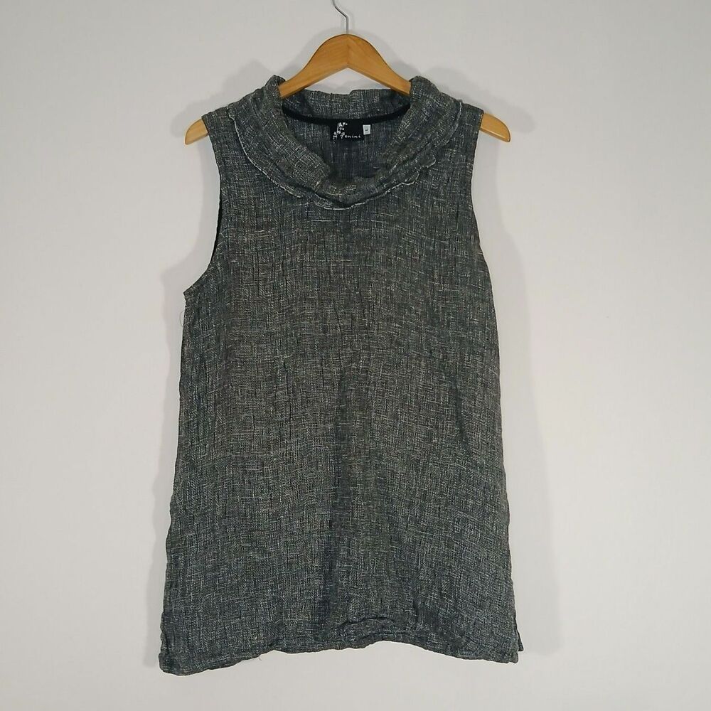 Fenini 100% Linen Sleeveless Cowl Neck Tunic Top Large Boho Coastal Chic Lagen